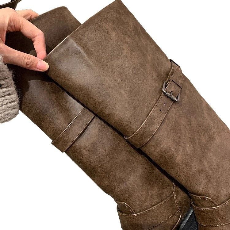 Dune Aesthetics Fleece-lined Vintage Double Buckle Women's Leather Boots