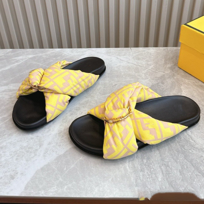 Summer F Home Retro Cross Metal Buckle Bread Flat Slippers