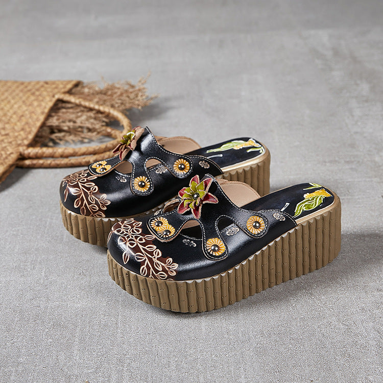 Women's Summer Flower Genuine Ethnic Style Height Increasing Sandals