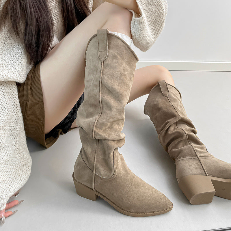 Women's Suede Knight V Buckle Skinny Pile Style Chunky Women's Leather Boots
