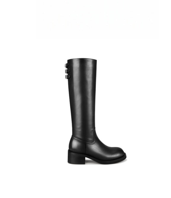 Version French Chunky Belt Buckle Side Zipper Slimming Straight Female Women's Leather Boots