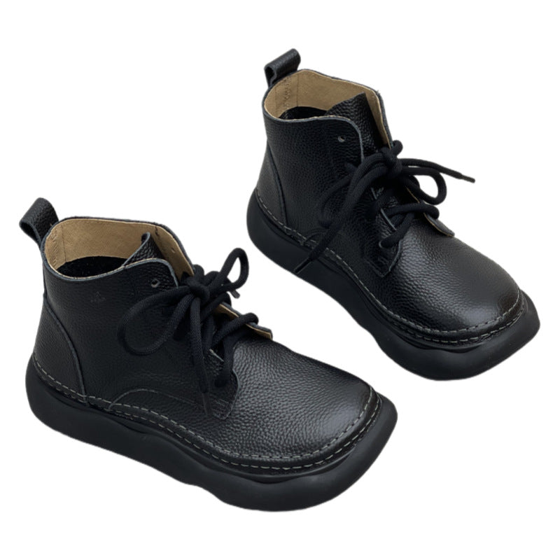Women's Linen Style Wide Head Top Layer Women's Leather Boots