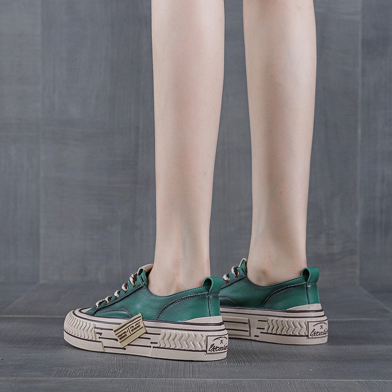Women's Cowhide Retro Red Spring Versatile Sports Women's Board Shoes