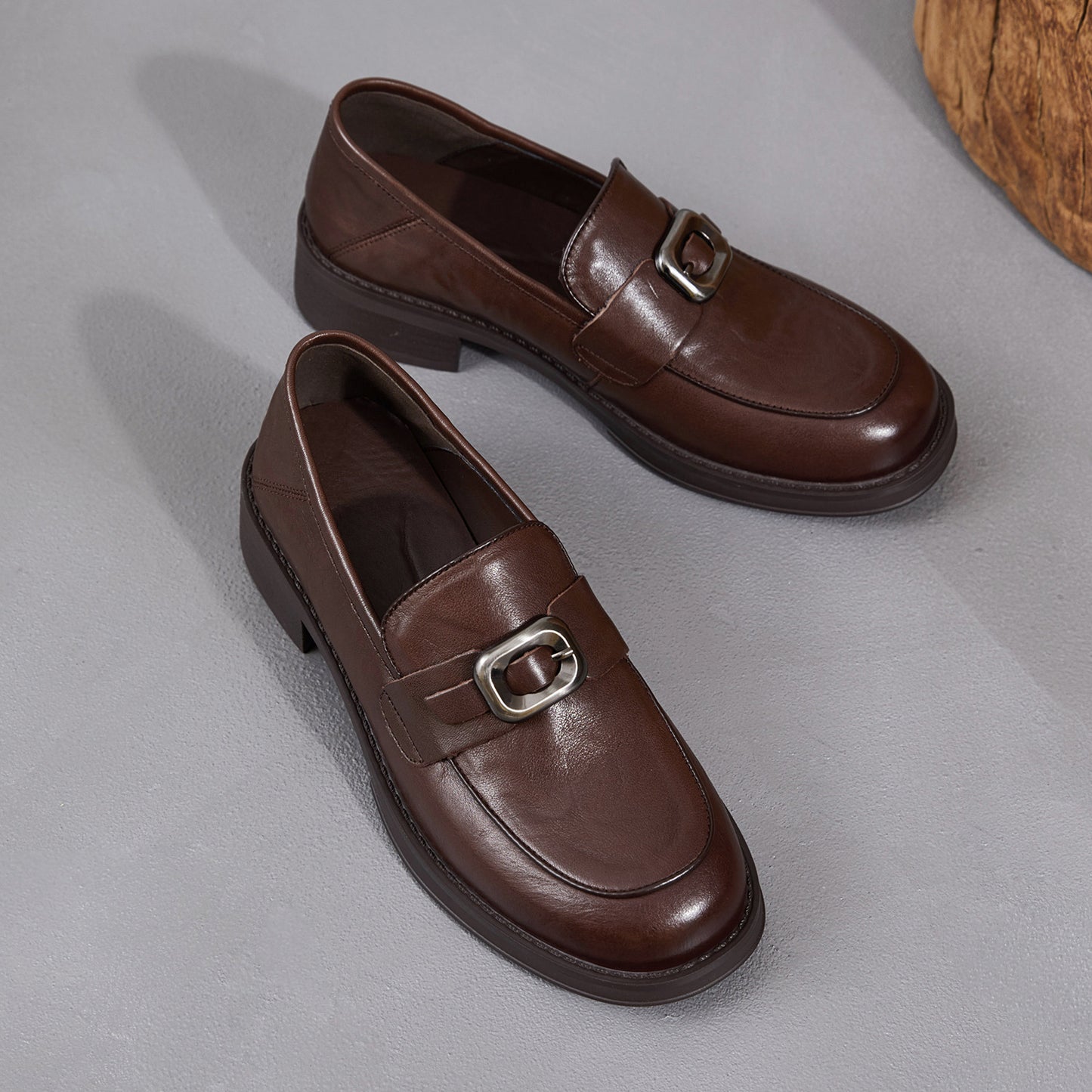 Women's Black Mid Spring Pumps Round Toe Belt Buckle Loafers