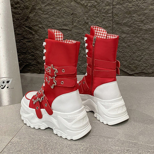 Women's Platform Martin Round Toe Belt Buckle Motorcycle Strap Women's Leather Boots