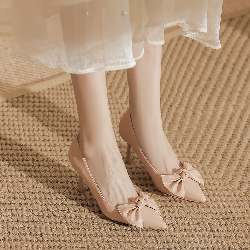 Women's Bowknot High Soft Pumps Stiletto Pointed French Women's Fashion Shoes