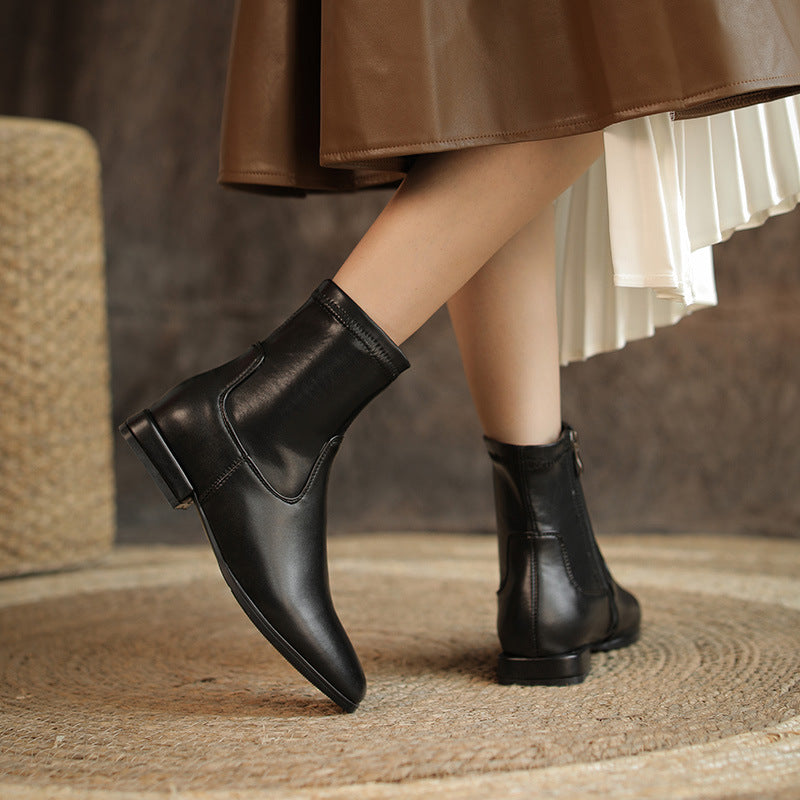 Women's Small Beige Flat Ankle Simple Stretch Women's Leather Boots