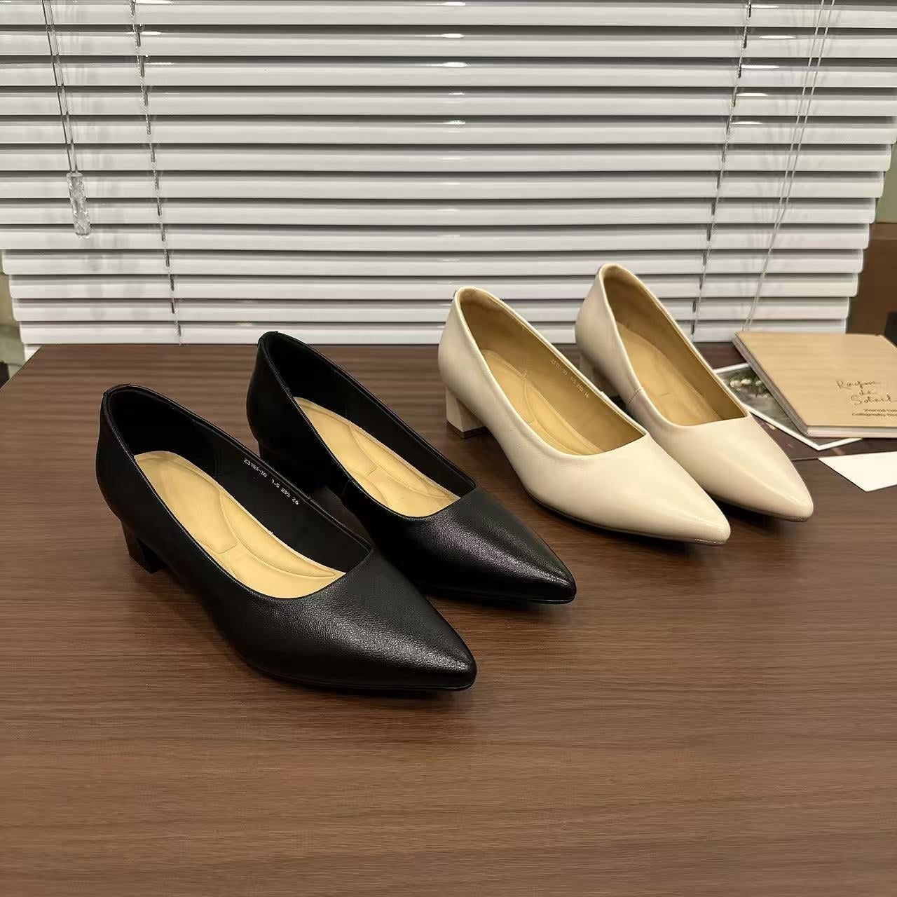 Spring Genuine Pointed Toe Chunky Low-cut Simple French Women's Fashion Shoes