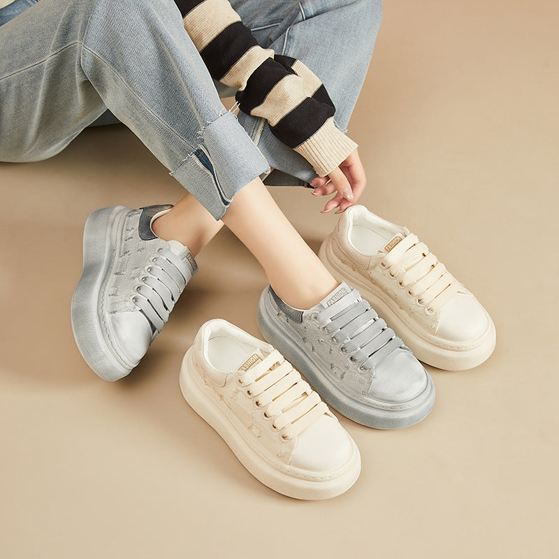 Women's White Autumn Retro Platform Hight Increasing Board Women's Casual Shoes