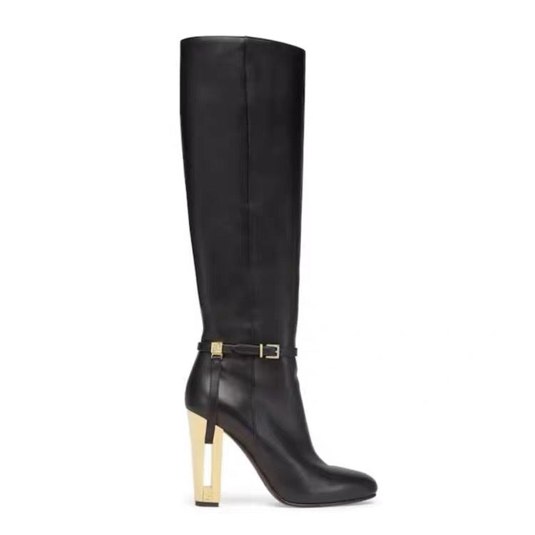 Women's Color Matching Belt Buckle Side Zipper High Women's Leather Boots
