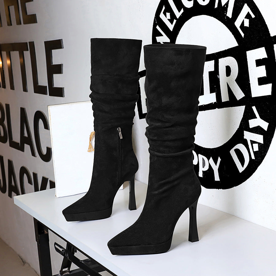Women's Thick High Long Pointed Toe Skinny Waterproof Platform Side Zipper Women's Leather Boots