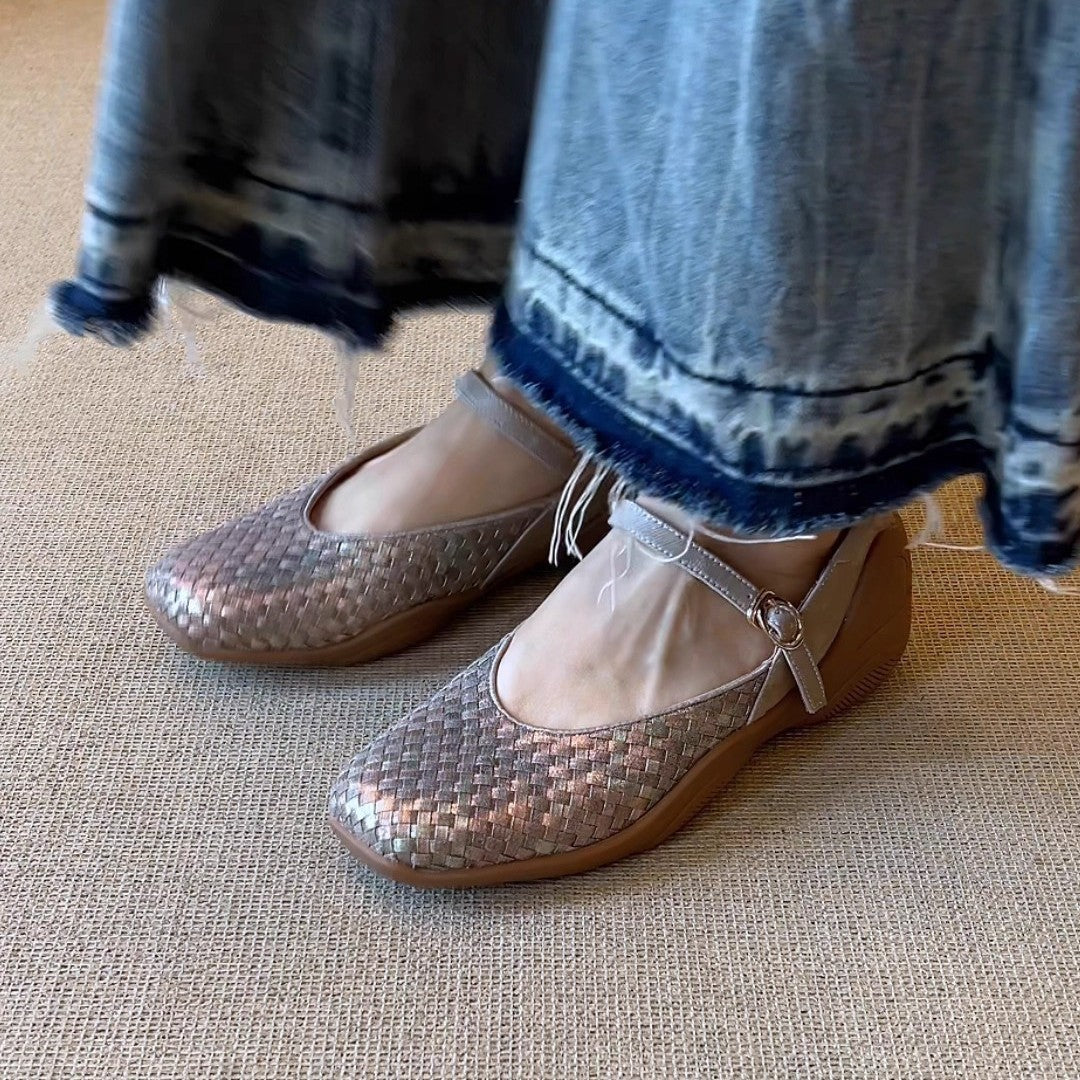 Round Head Woven Shallow Mouth With Sports Style Thick Bottom Women's Casual Shoes