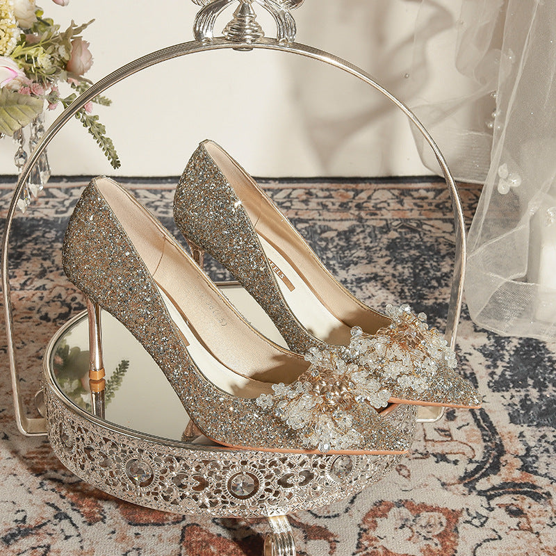 Women's Golden Wedding Bridal High Main Dress Not Tired Feet Pumps Heels