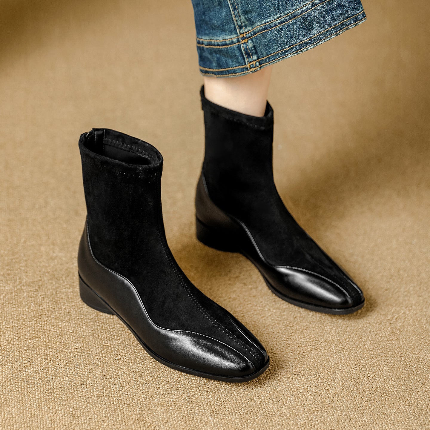 Women's Suede Stitching Chunky Ankle Soft Back Zipper Commute Slimming Boots