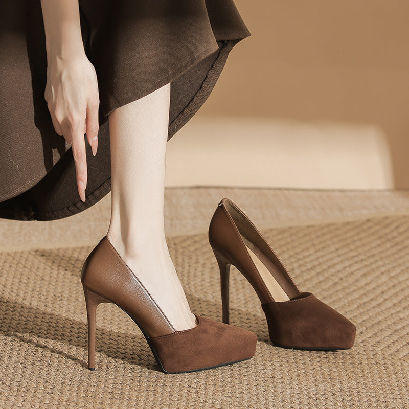 Women's Sexy Inner Waterproof Platform Low-cut High Black Suede Pointed Stiletto Women's Fashion Shoes