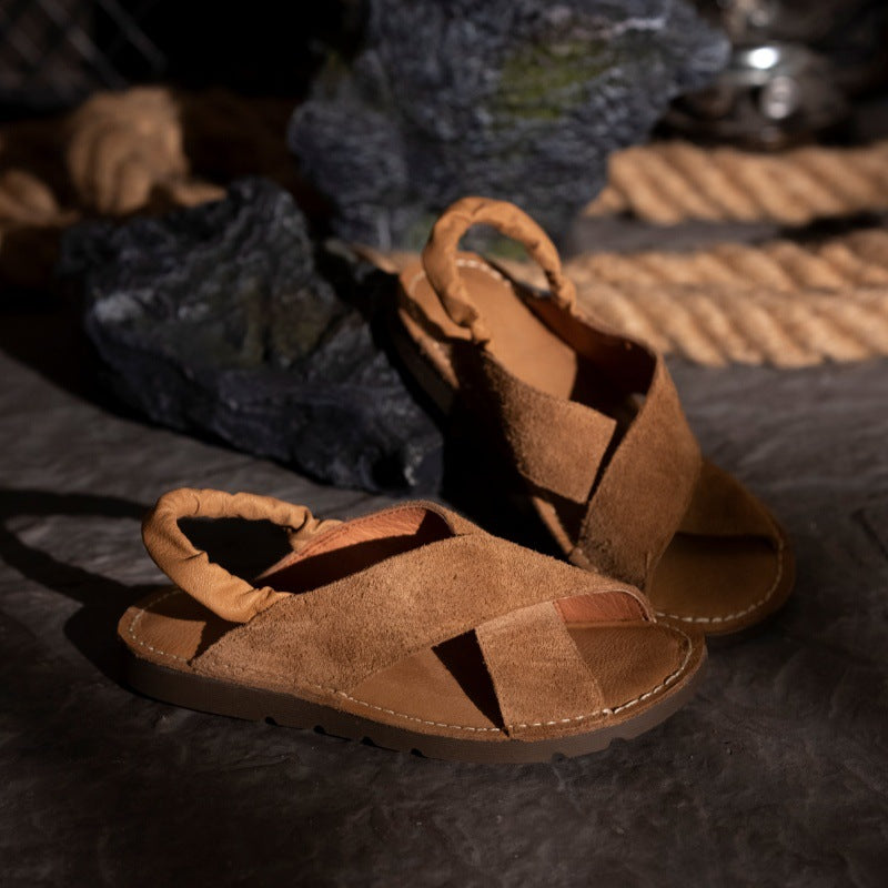 Women's Summer Retro Handmade Cross Strap Top Layer Cowhide Roman Sandals