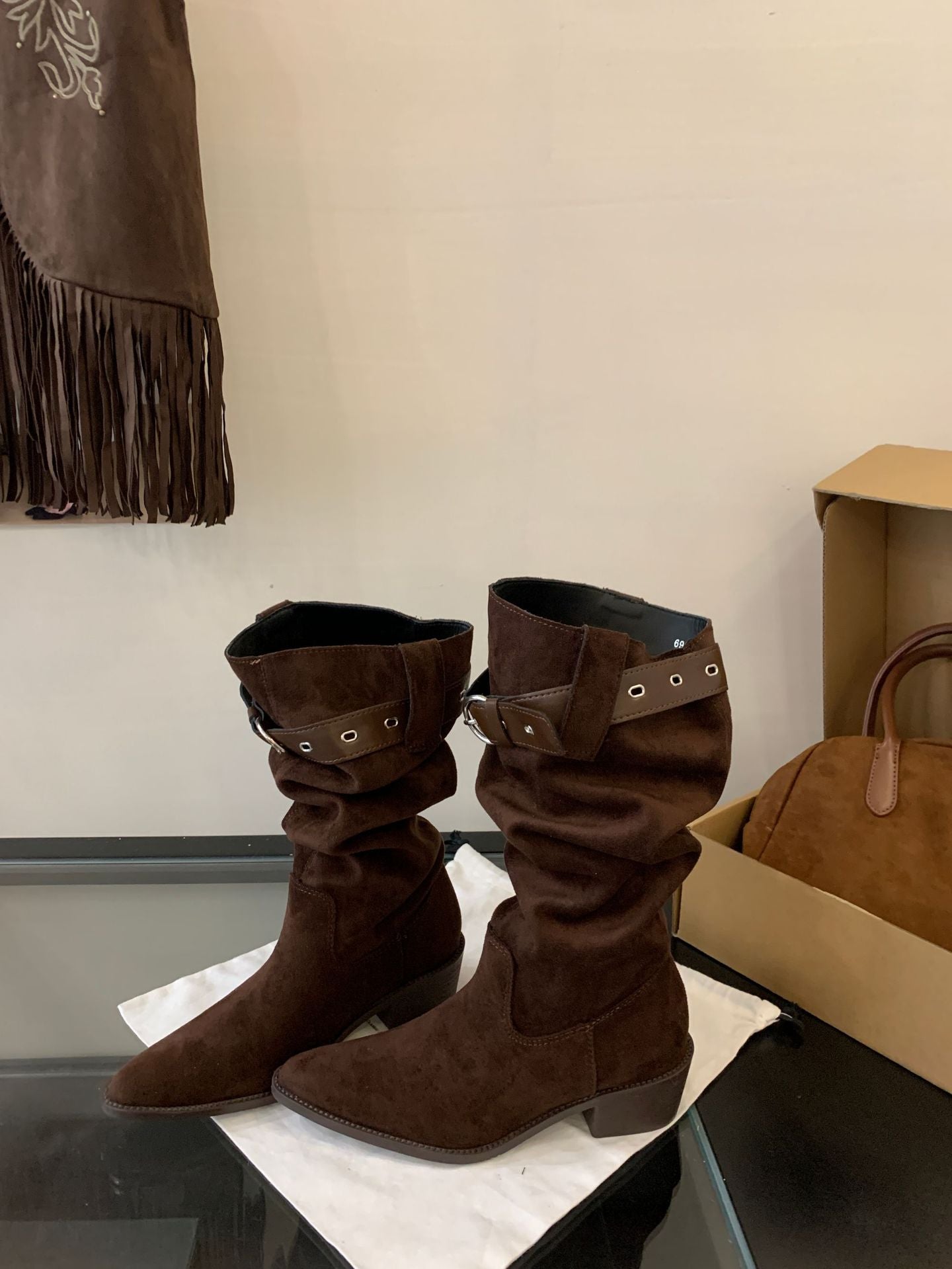 Women's Vintage Crumpled Pile Style Pointed Western Cowboy Thick Middle Women's Leather Boots