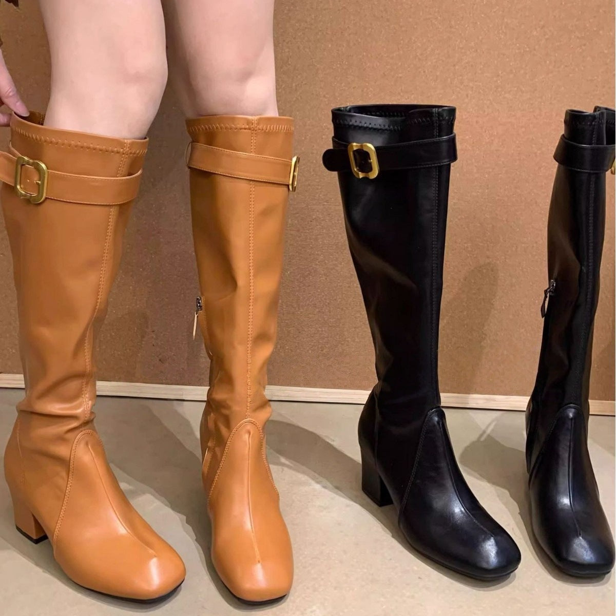 Mom Belt Buckle Thick Increased Side Women's Leather Boots