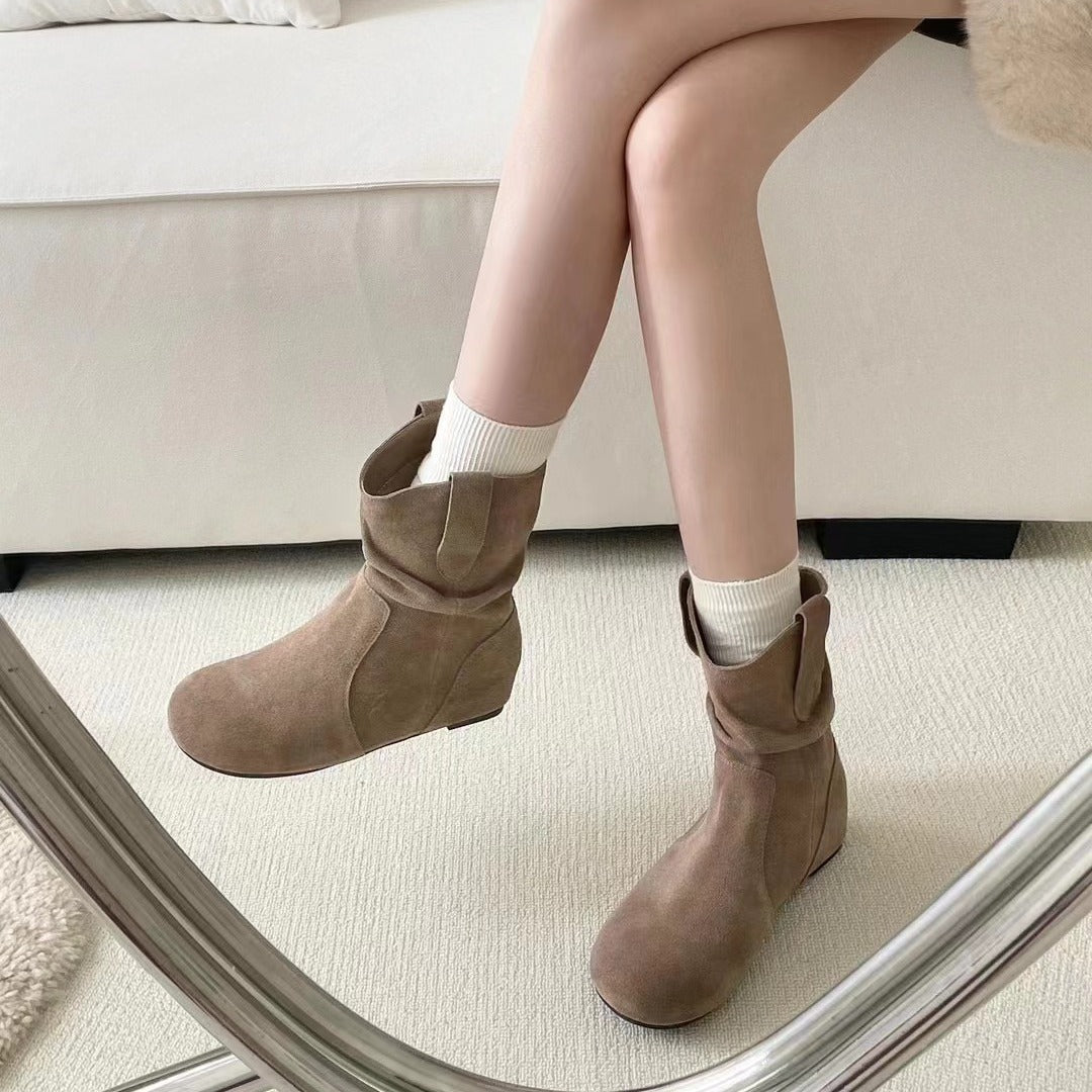 Women's Retro Height Increasing Insole Pile Style Slimming Western Short Boots