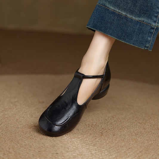 Women's Soft Cowhide Mary Jane Mid Chunky Low-cut Round Head Not Women's Fashion Shoes