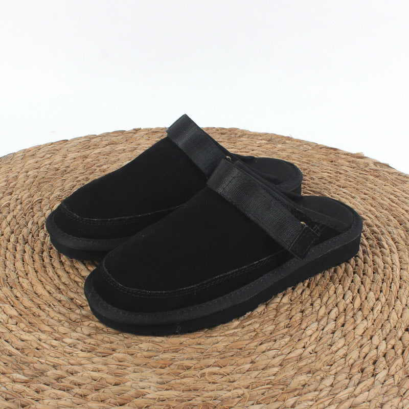 Cowhide Male Female Large Size Drawstring Flat Slippers