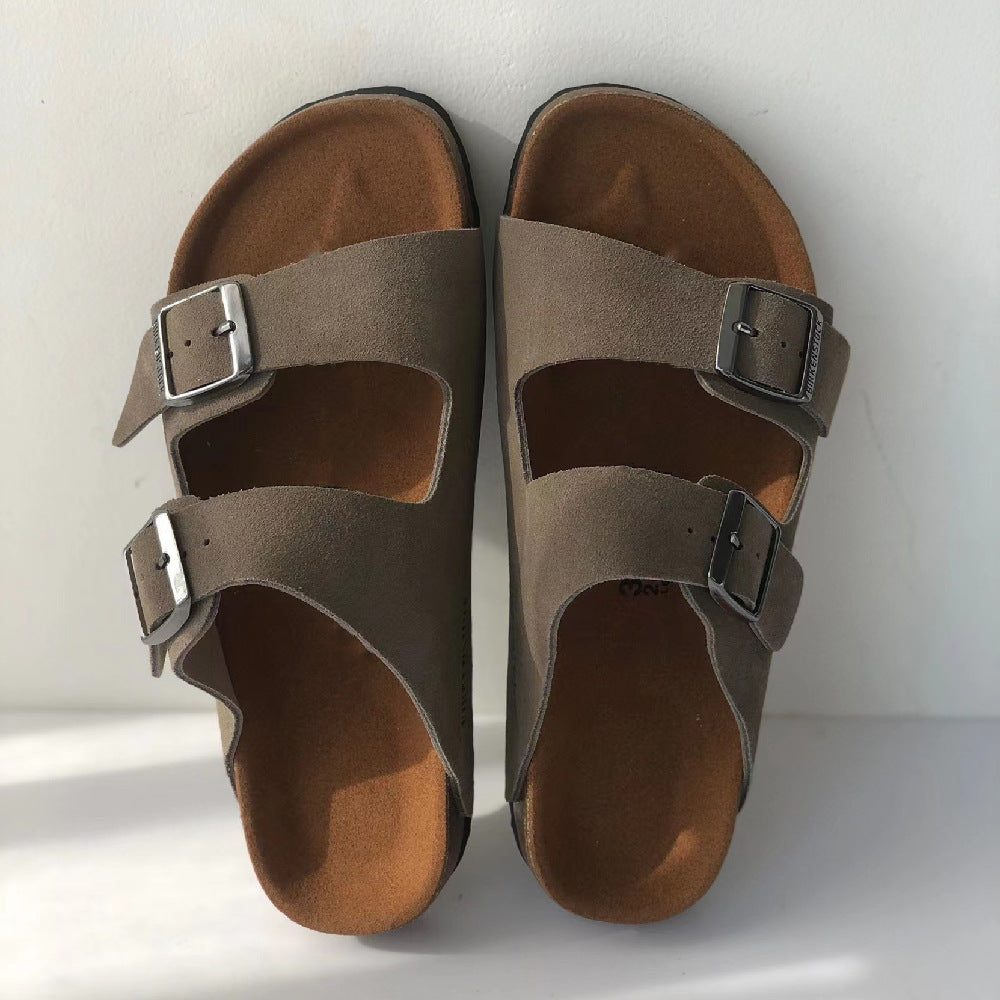 Women's Belt Buckle Cork Cowhide Soft Bottom Sandals