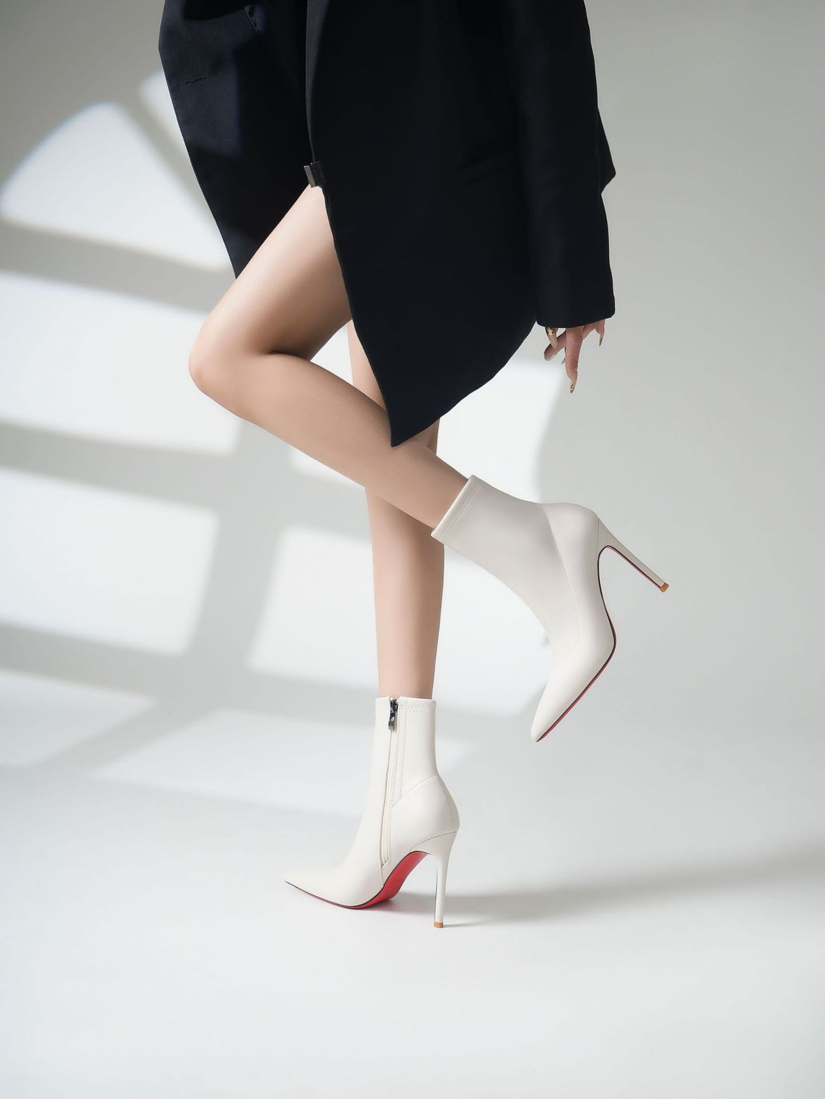 Women's Red Bottom White Ankle Stiletto Fleece-lined Mid Women's Leather Boots
