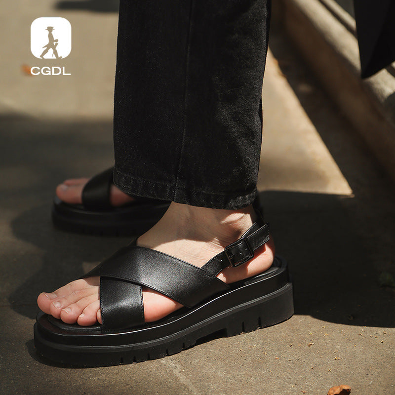 Men's Summer Muffin Thick-soled Cowhide Height Increasing Sandals