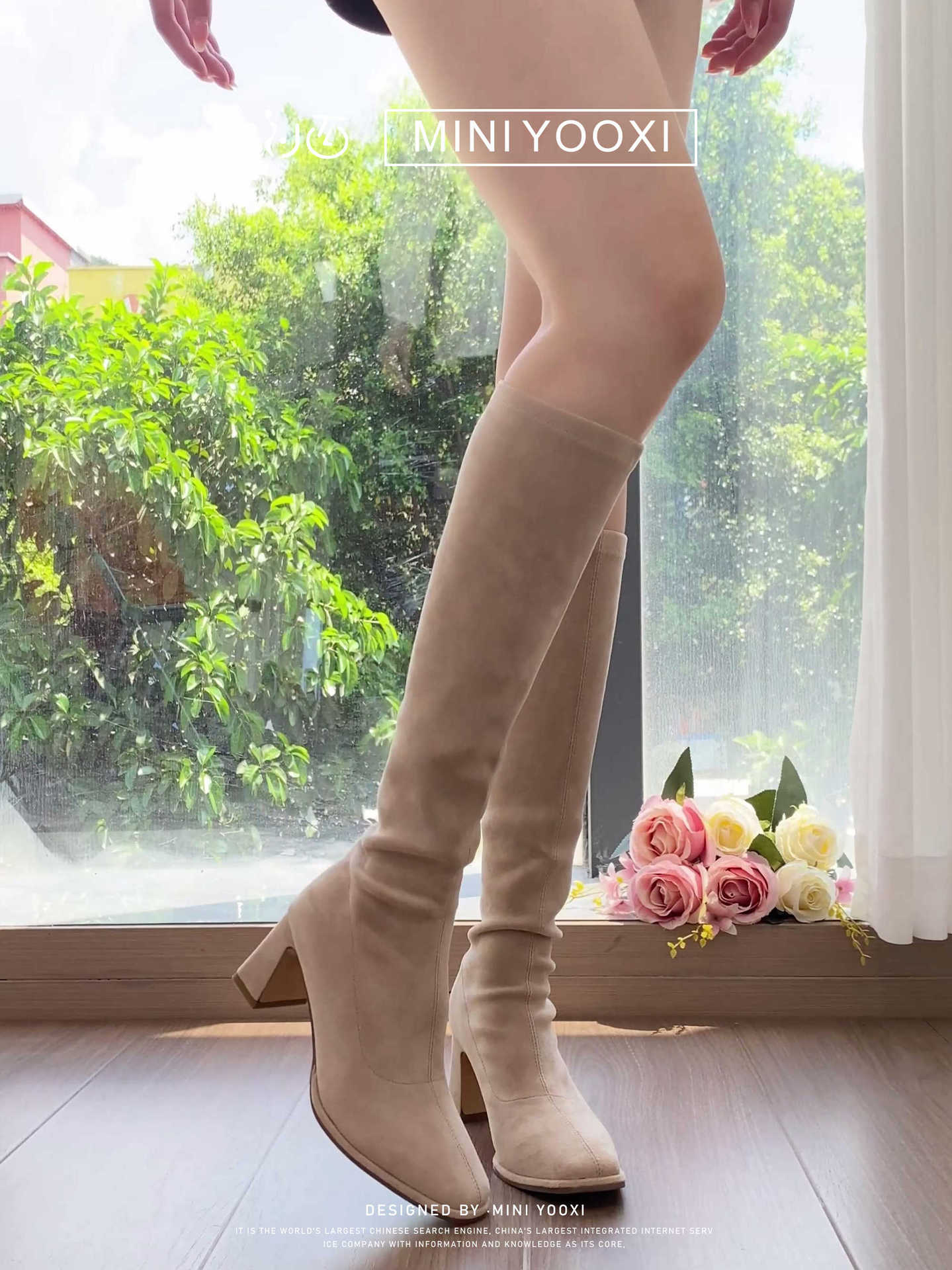 Women's High Long Stretch Thin With Chunky Tube Women's Leather Boots