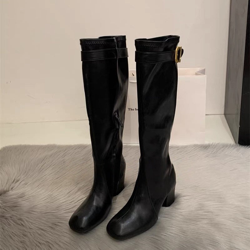 Mom Belt Buckle Thick Increased Side Women's Leather Boots