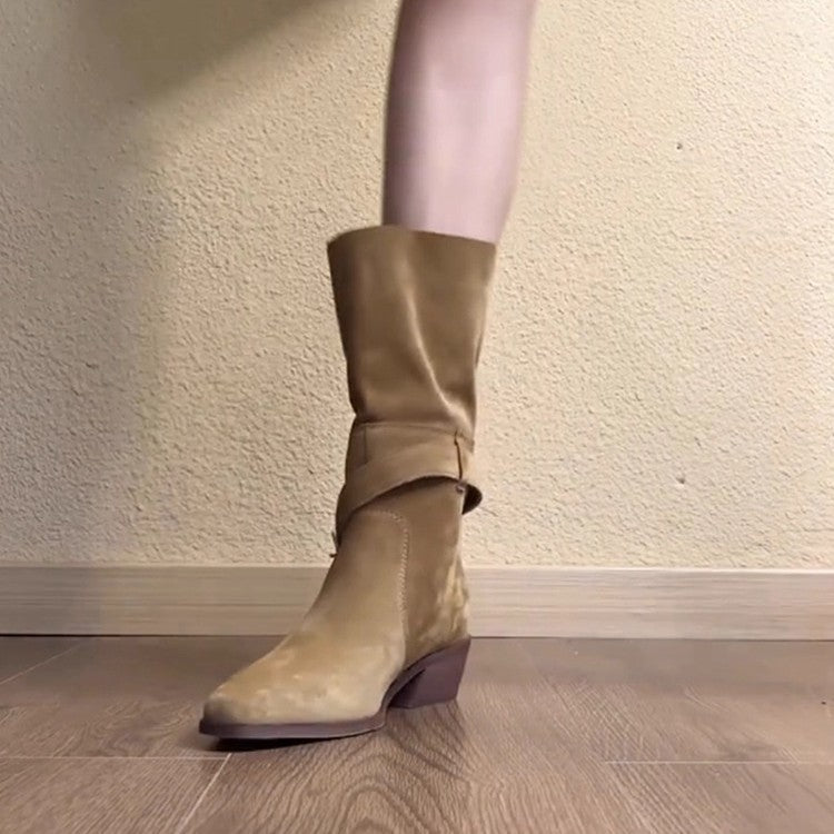 Women's Below The Knee Pile Style Chunky Knight Pleated Western Women's Leather Boots