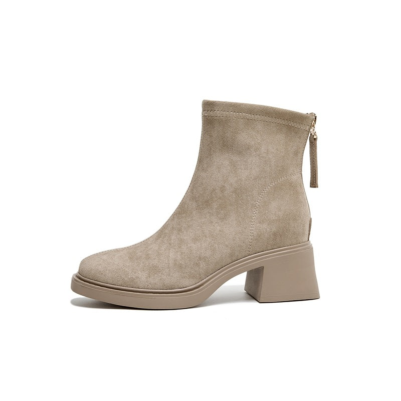 Women's Back Zipper Square Toe Thick Thin Vintage Fashion Suede High Women's Leather Boots