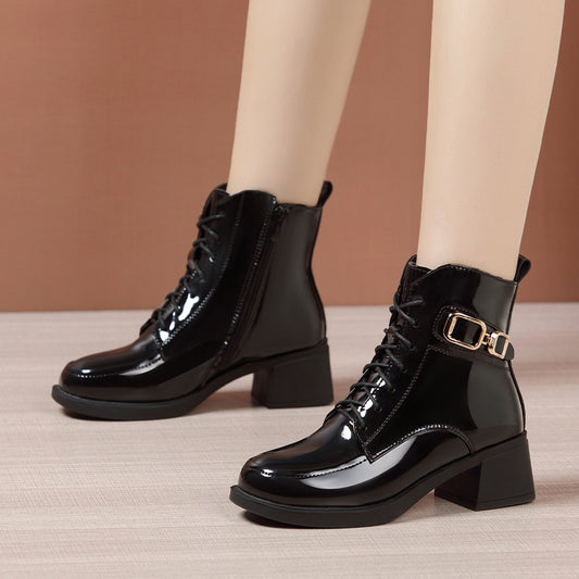 Women's British Style Chunky Martin Fleece-lined Cotton Heels