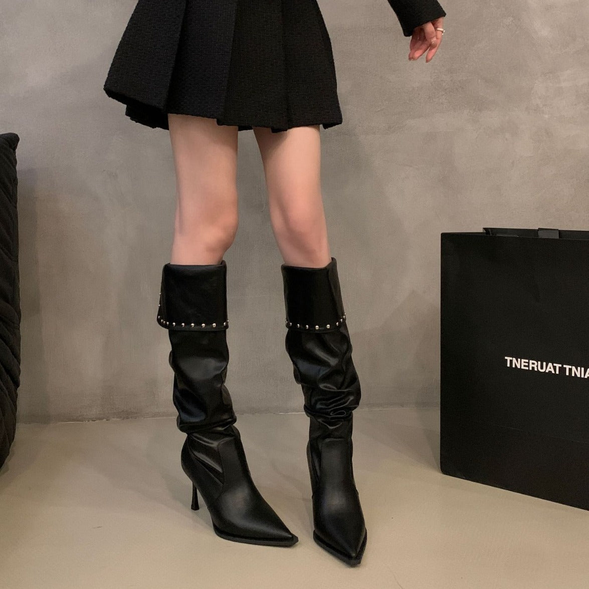 Pleated Pile Style Small Rivet Stiletto Below The Knee Knight Women's Leather Boots