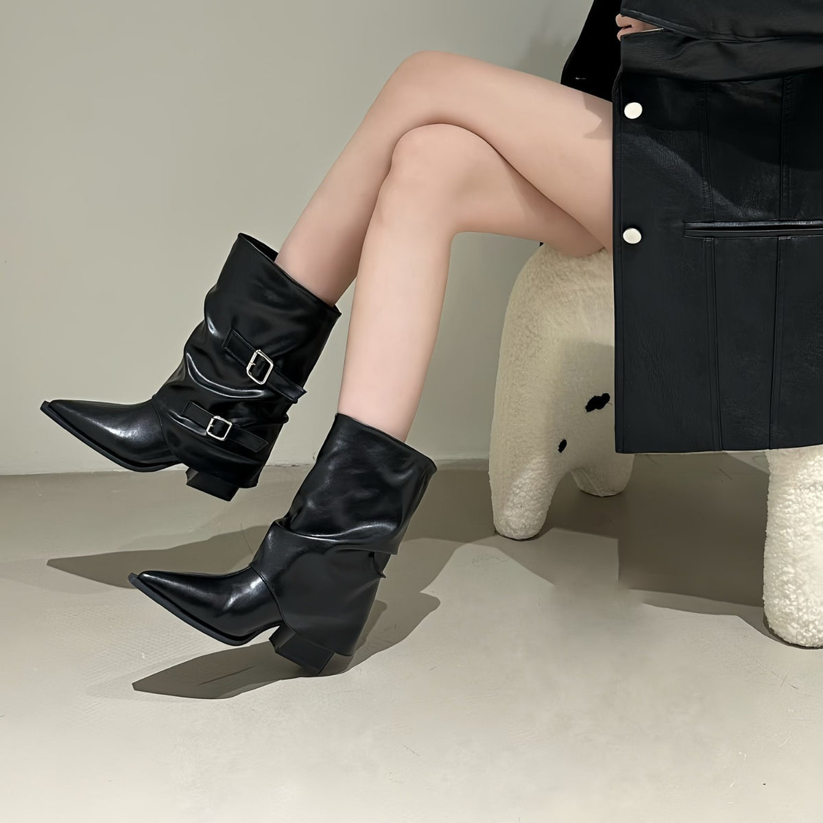 Women's Skinny For Thick Pleated Pile Style Women's Leather Boots