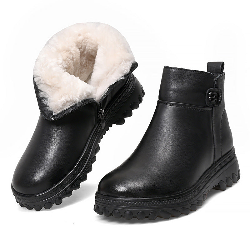 Women's Wool Fleece-lined Thick Top Layer Cowhide Snow Boots