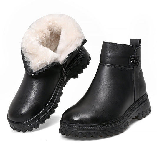 Women's Wool Fleece-lined Thick Top Layer Cowhide Snow Boots