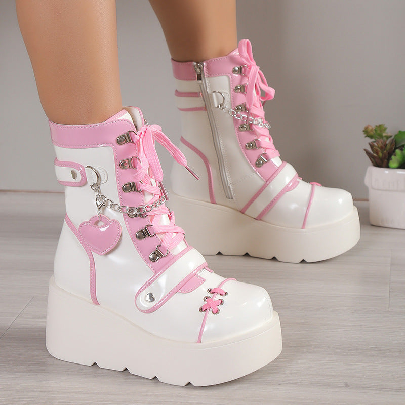 Women's Bottom Punk Motorcycle Platform Middle Tube Cute Hot Women's Leather Boots