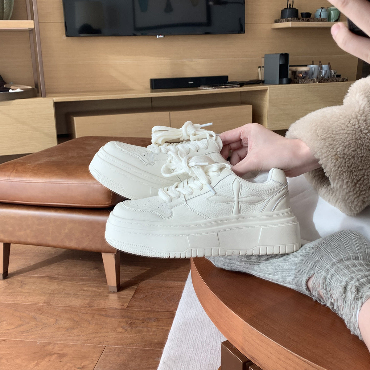 Women's Cowhide Hidden Platform Board White Women's Casual Shoes
