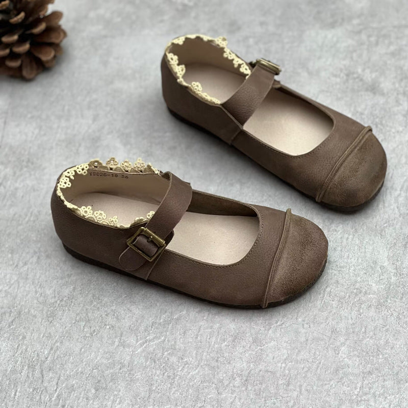 Women's Artistic Genuine Nude Vintage Round Toe Lace Buckle Flat Bottom Women's Casual Shoes