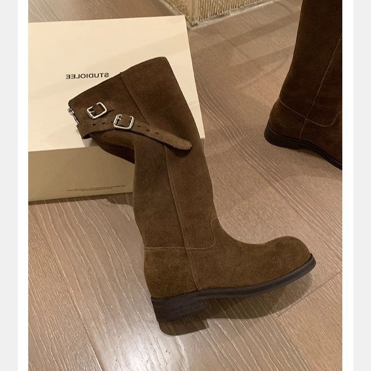 Women's Three-dimensional Round Head Zipper Belt Buckle Chunky Knight Genuine Middle Women's Leather Boots