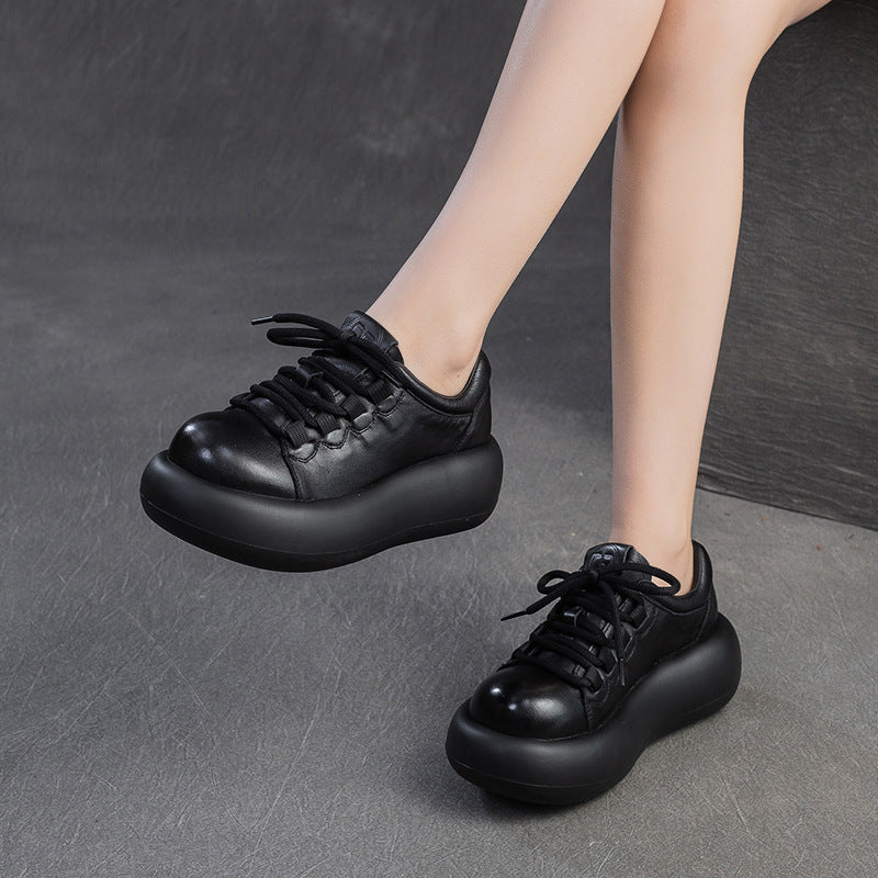 Women's Thick-soled Top Layer Cowhide Pumps British Women's Shoes