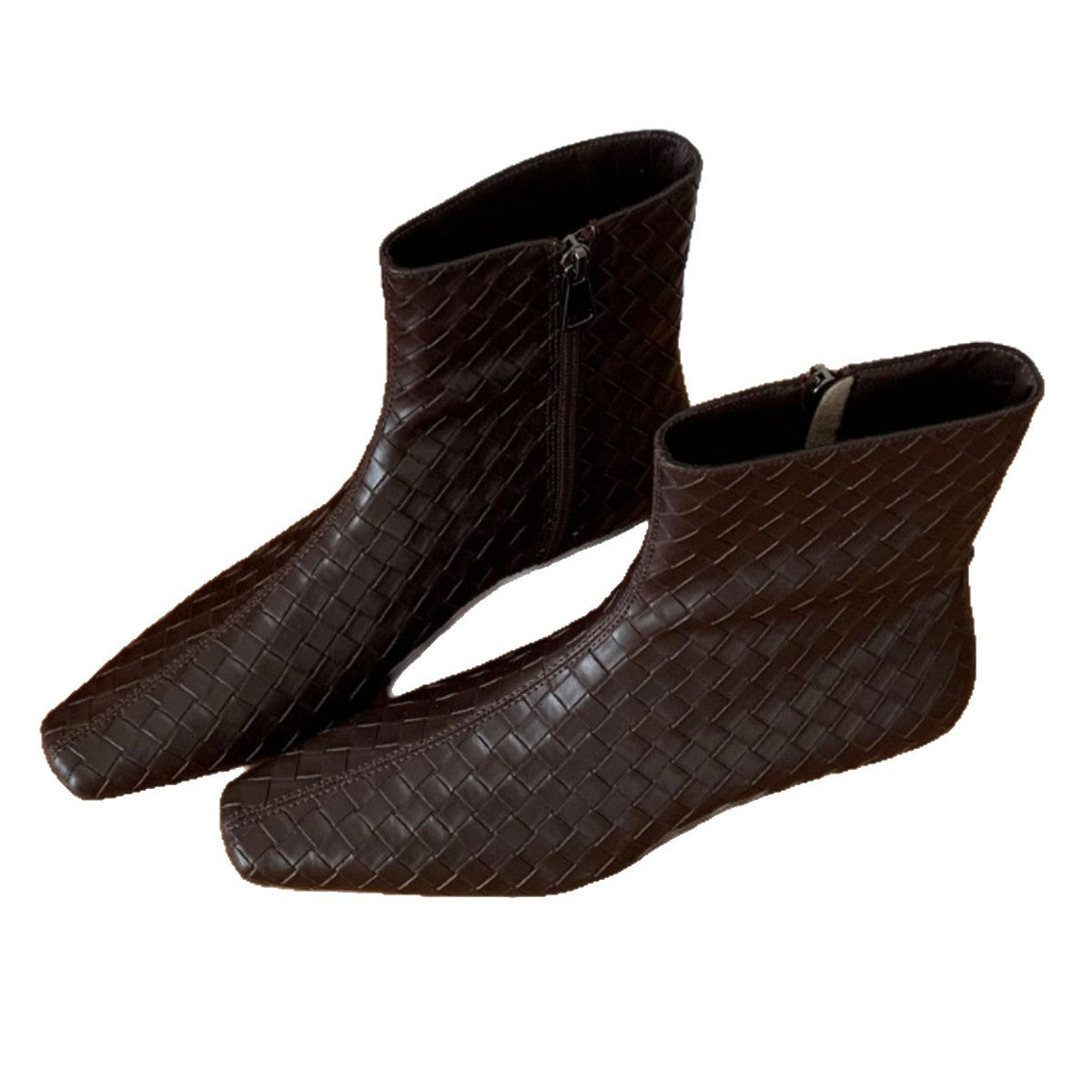 Women's Korean Style Square Head Woven Loose Sleeve Wedge Short Low Women's Leather Boots