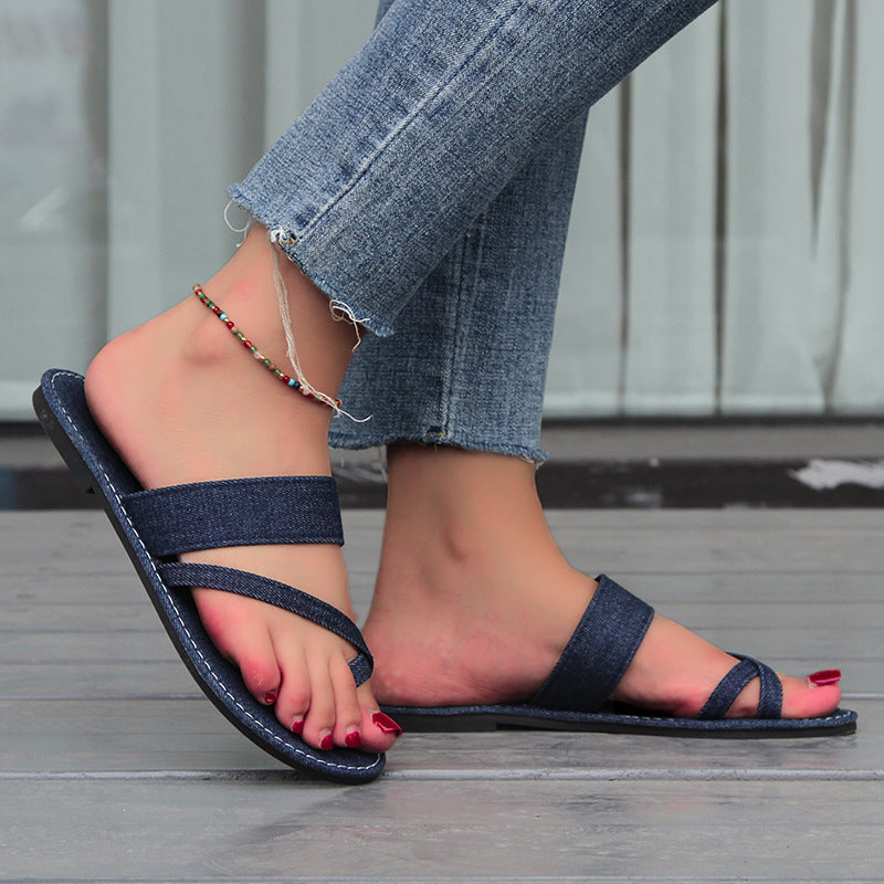 Women's Large Size Flat Bottom Toe Ring Simple Knitted Belt Sandals