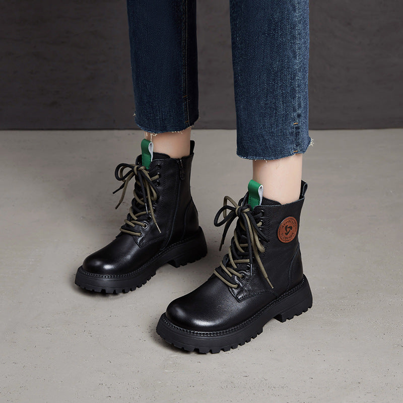 Women's First Layer Cowhide Martin Motorcycle Round Head Women's Leather Boots