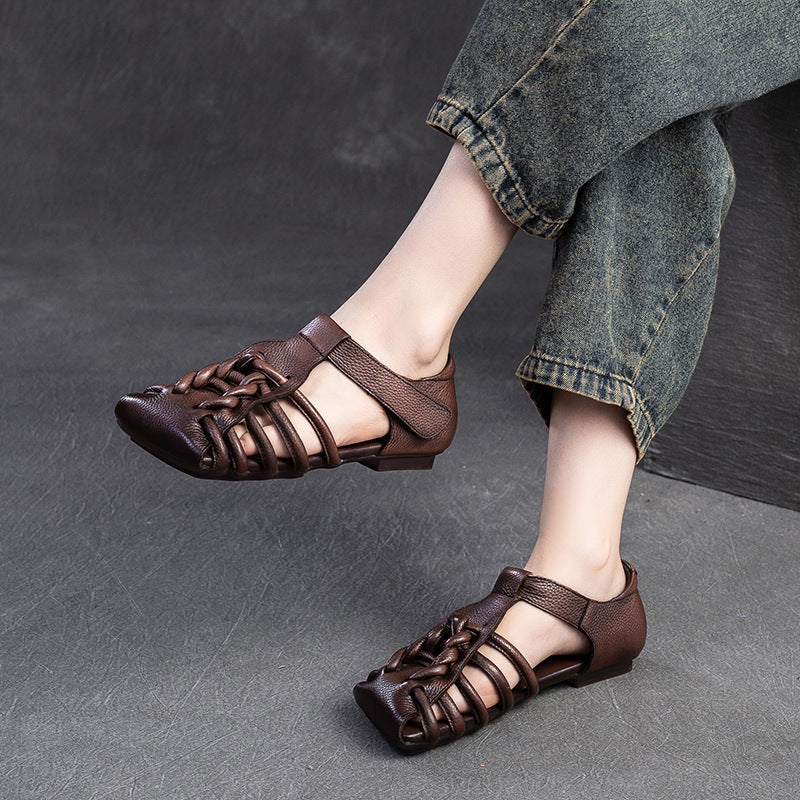 Women's Summer Woven Square Toe Breathable Hollow Retro Flat Sandals