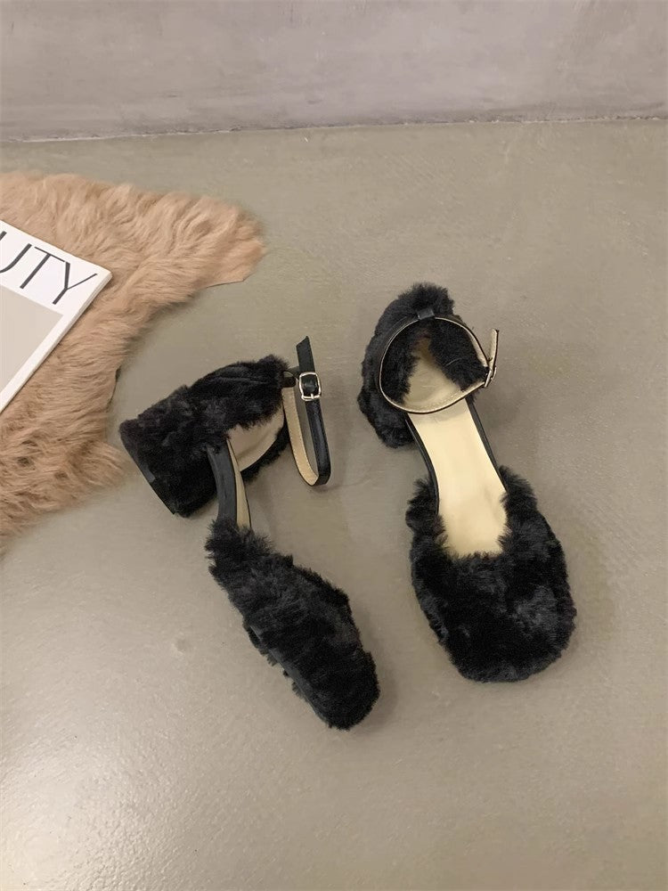 Women's Square Head Hollow Fluffy Fashionable Mary Jane Autumn Heels