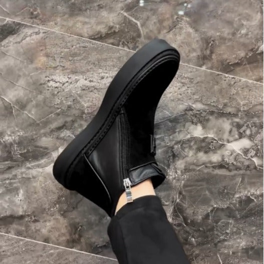Men's Autumn Slip-on Pure Black Tide Cotton Men's Casual Leather Shoes