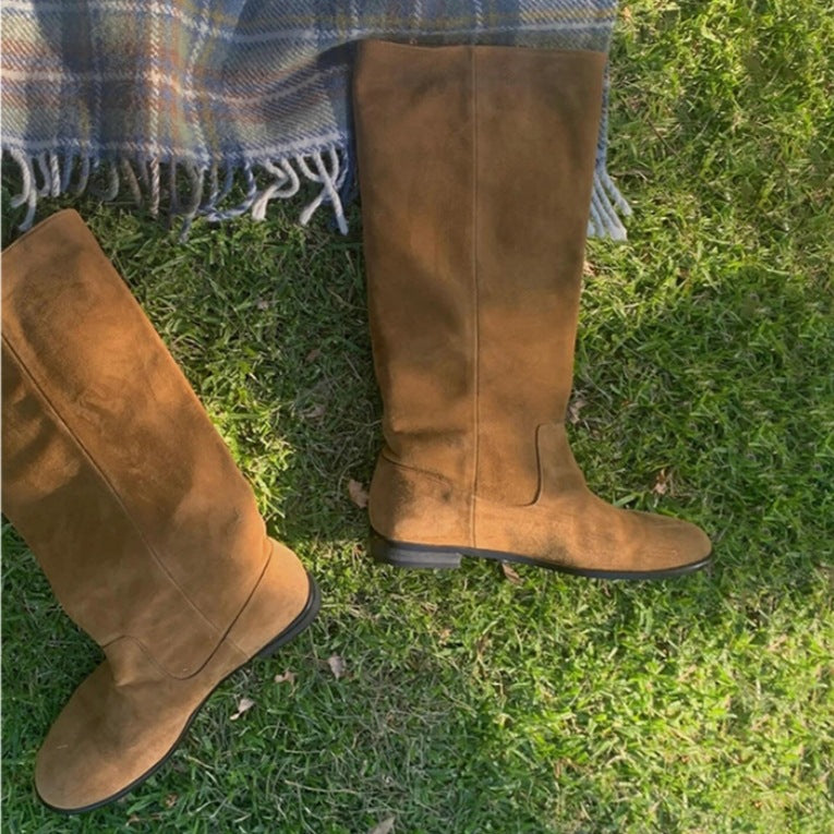 Women's Korean Style Suede Knee-high Flat Slimming Below The Knee Women's Leather Boots