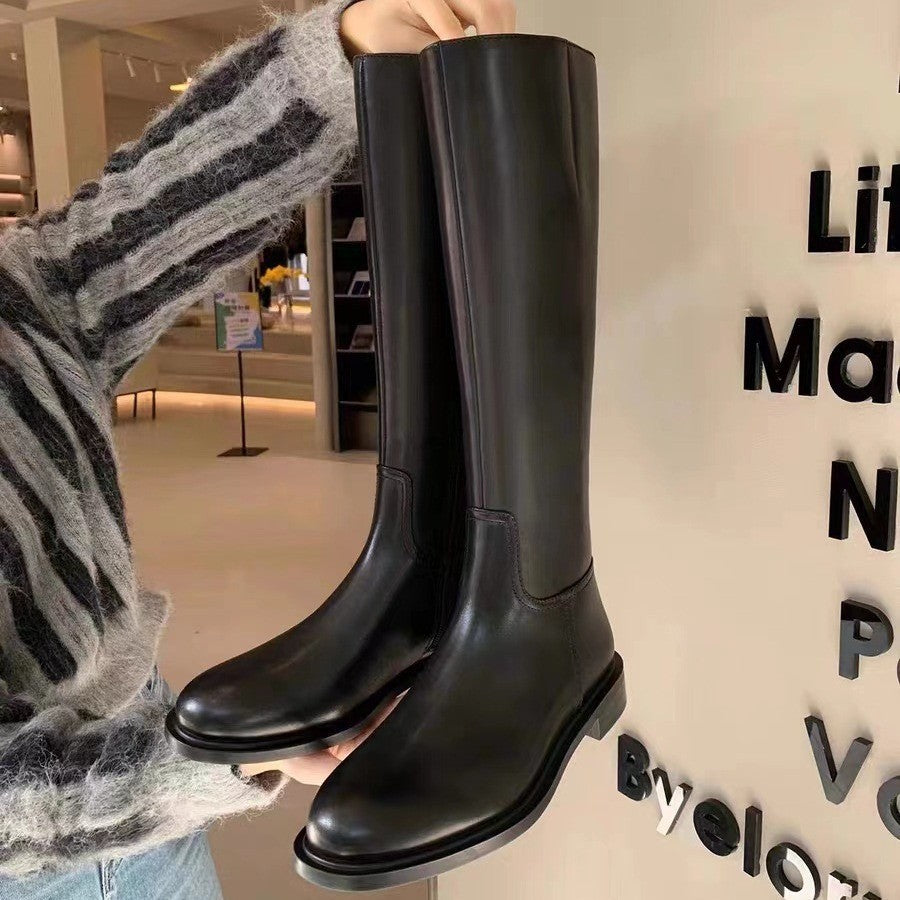 Women's Mom Simple Round Head Low Side Zipper Fashion Women's Leather Boots